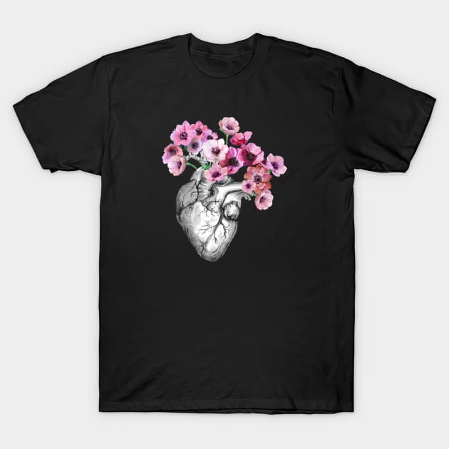 Pink Anemones Heart Human Anatomy T-Shirt by Collagedream